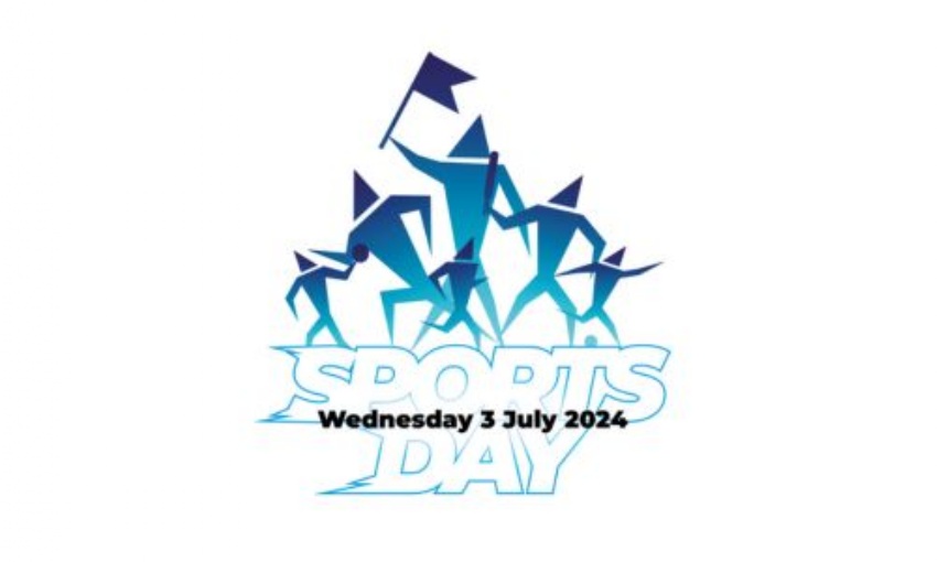 Image shows the Swanmore sports day logo which consists of 6 angular people, the largest of which has a flag, and the words Wednesday 3 July 2024